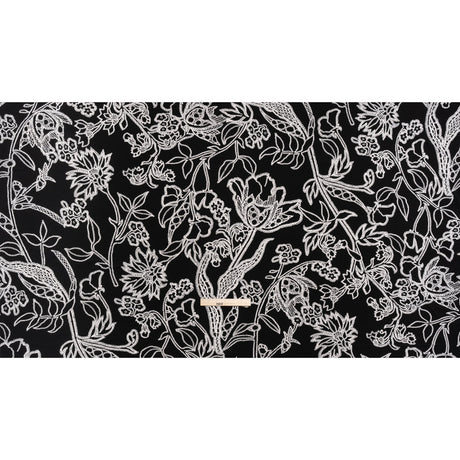 Stretch Polyester Tricot - Black and White Chain Stitch Flowers - Designer Deadstock