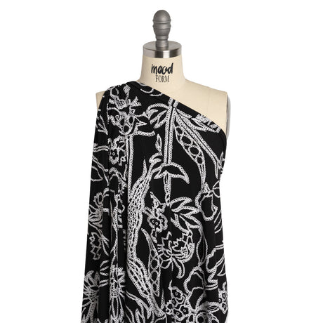 Stretch Polyester Tricot - Black and White Chain Stitch Flowers - Designer Deadstock