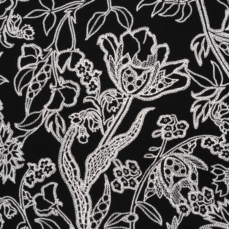Stretch Polyester Tricot - Black and White Chain Stitch Flowers - Designer Deadstock