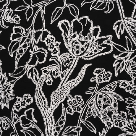 Stretch Polyester Tricot - Black and White Chain Stitch Flowers - Designer Deadstock