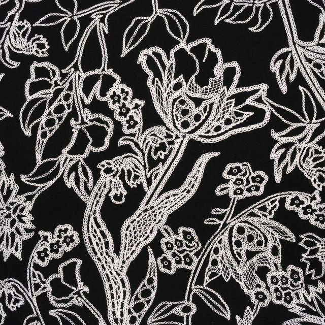 Stretch Polyester Tricot - Black and White Chain Stitch Flowers - Designer Deadstock