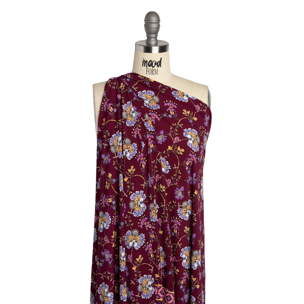 Stretch Polyester Tricot Panel - Burgundy, Creamsicle and Lilac Floral Patchwork and Decorative Stripes - Designer Deadstock
