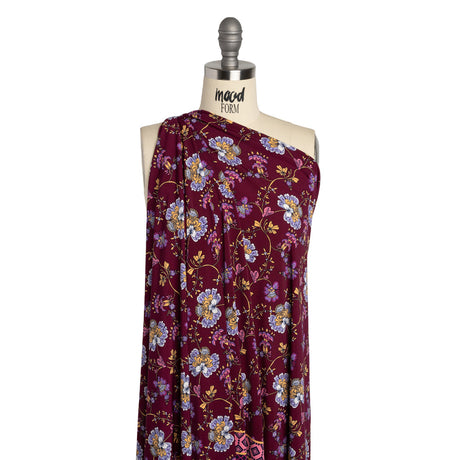 Stretch Polyester Tricot Panel - Burgundy, Creamsicle and Lilac Floral Patchwork and Decorative Stripes - Designer Deadstock