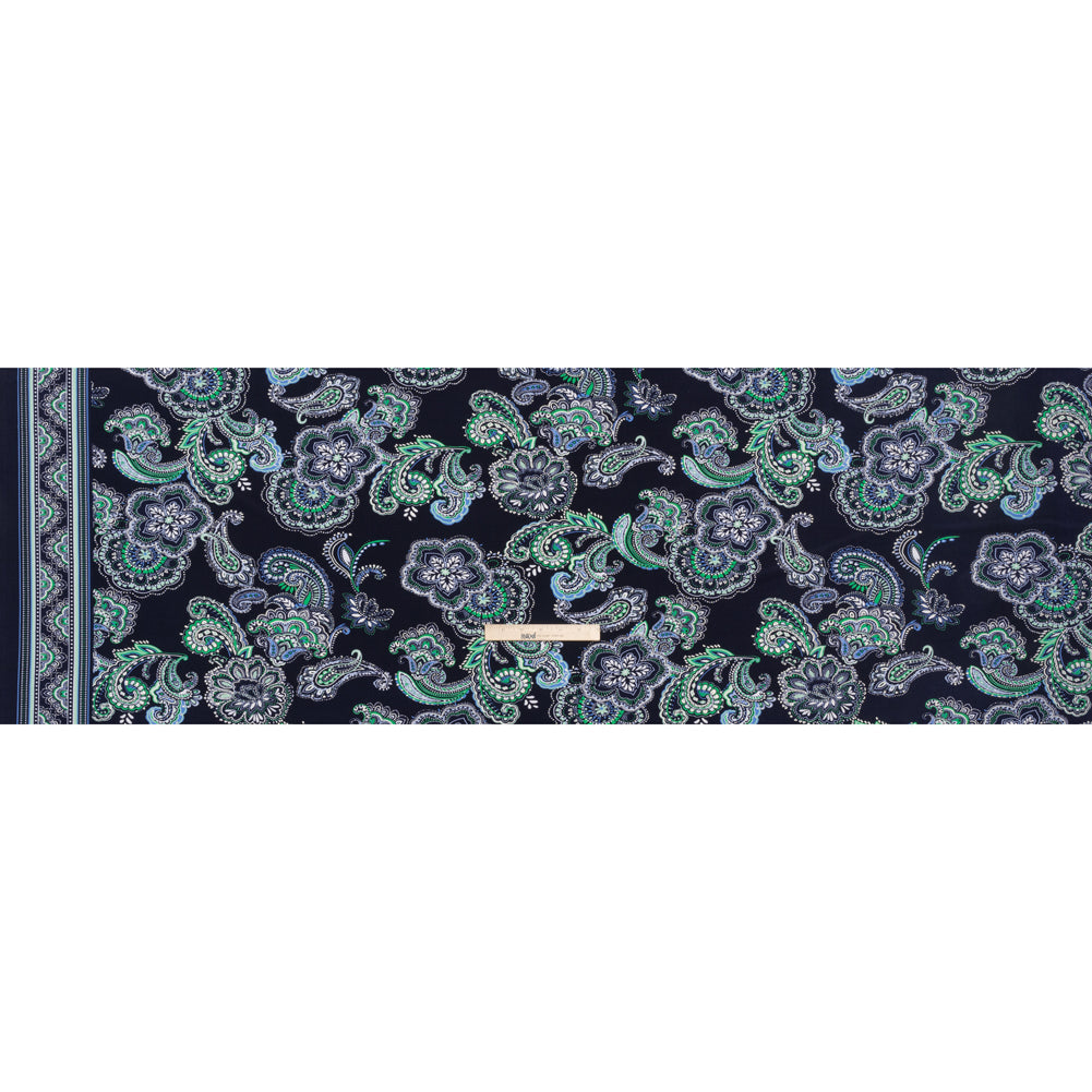 Stretch Polyester Tricot with Puff Print - Navy, Green and White Floral and Paisley - Designer Deadstock