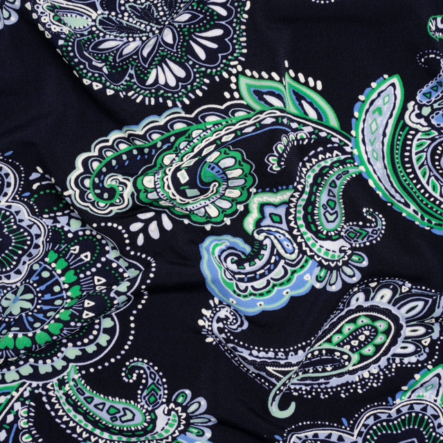 Stretch Polyester Tricot with Puff Print - Navy, Green and White Floral and Paisley - Designer Deadstock
