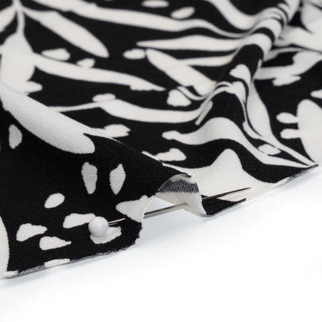Stretch Polyester Tricot - Black and White Leafy Stems - Designer Deadstock