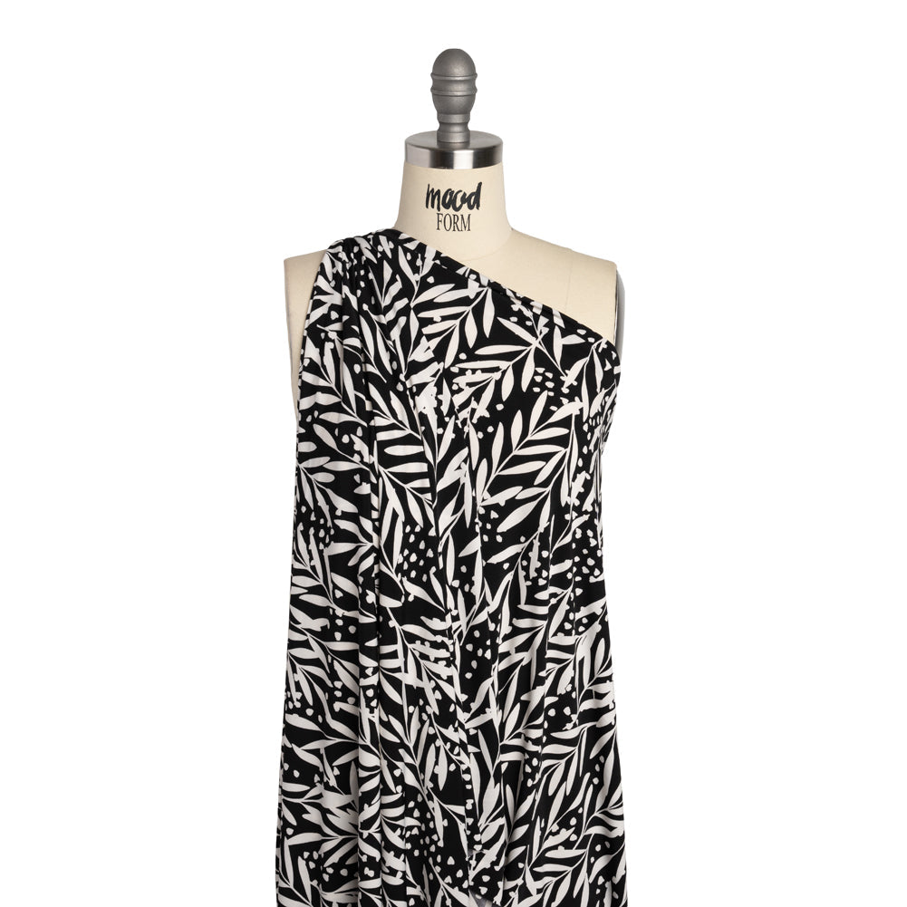 Stretch Polyester Tricot - Black and White Leafy Stems - Designer Deadstock