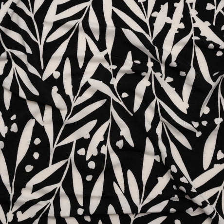 Stretch Polyester Tricot - Black and White Leafy Stems - Designer Deadstock
