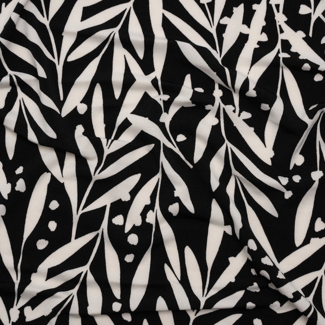 Stretch Polyester Tricot - Black and White Leafy Stems - Designer Deadstock