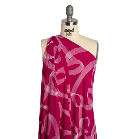 Stretch Polyester Tricot - Raspberry Pink and White Looping Lines - Designer Deadstock