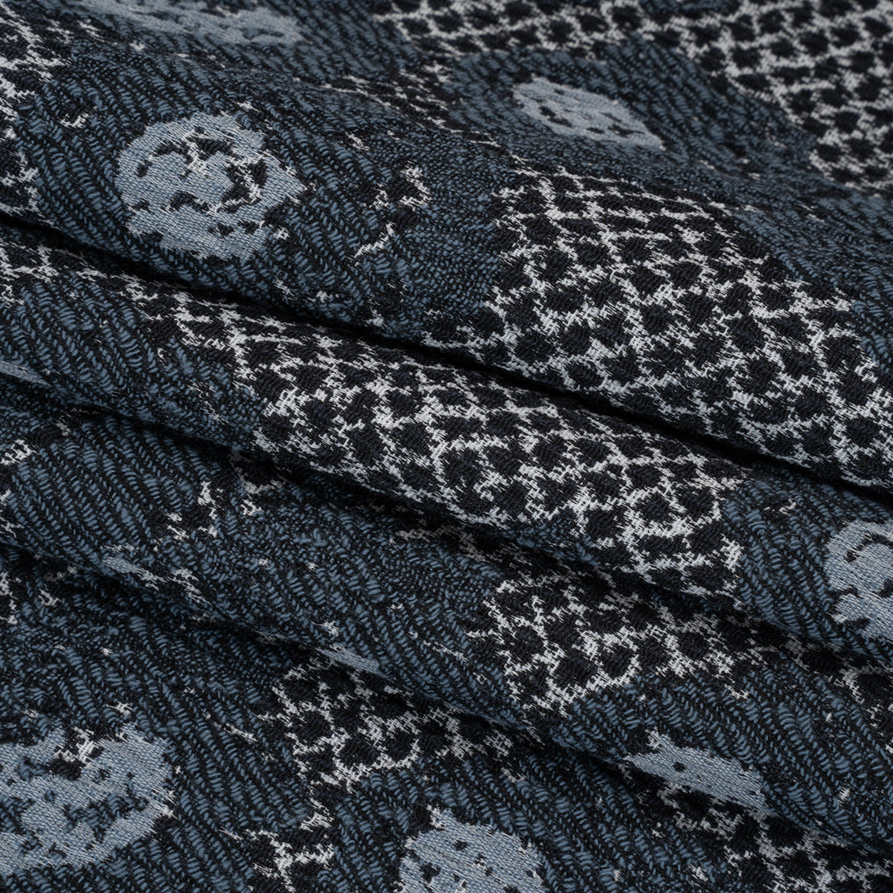 Cotton and Polyester Matelasse - Blue and Black Diamonds and Flowers - Designer Deadstock