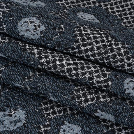 Cotton and Polyester Matelasse - Blue and Black Diamonds and Flowers - Designer Deadstock