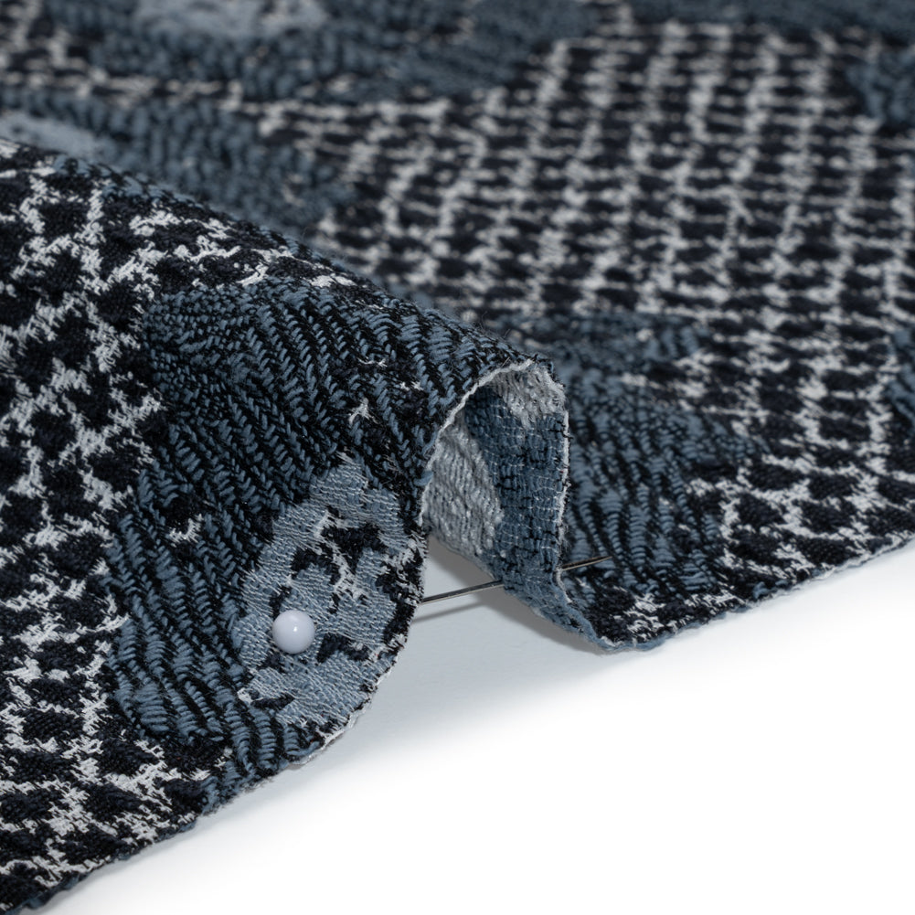 Cotton and Polyester Matelasse - Blue and Black Diamonds and Flowers - Designer Deadstock