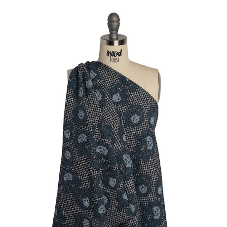 Cotton and Polyester Matelasse - Blue and Black Diamonds and Flowers - Designer Deadstock