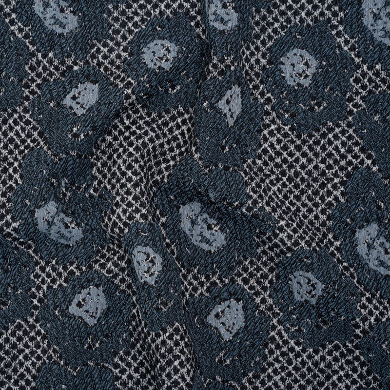 Cotton and Polyester Matelasse - Blue and Black Diamonds and Flowers - Designer Deadstock
