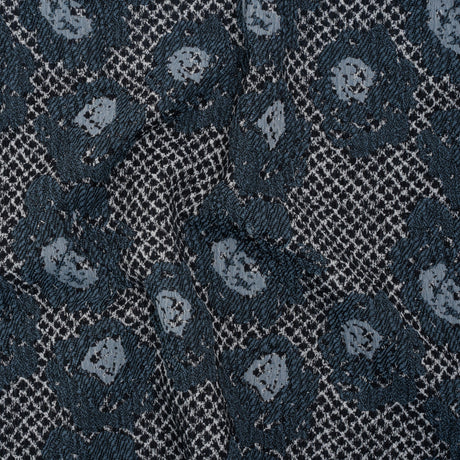 Cotton and Polyester Matelasse - Blue and Black Diamonds and Flowers - Designer Deadstock