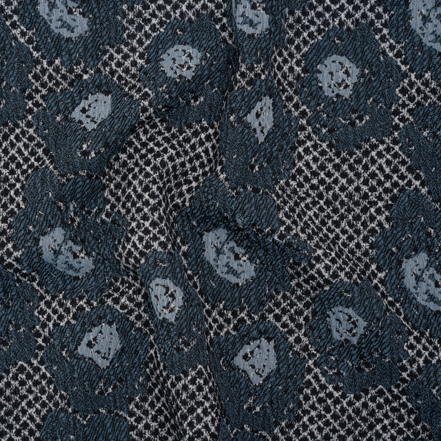 Cotton and Polyester Matelasse - Blue and Black Diamonds and Flowers - Designer Deadstock