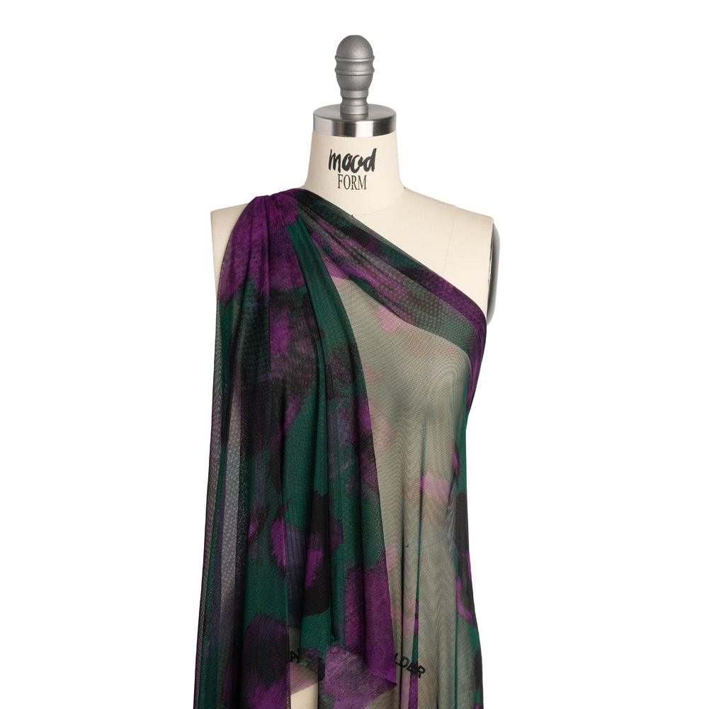 Polyester Stretch Mesh - Dark Green, Purple and Gold Ikat Floral - Designer Deadstock