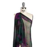 Polyester Stretch Mesh - Dark Green, Purple and Gold Ikat Floral - Designer Deadstock