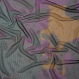 Polyester Stretch Mesh - Dark Green, Purple and Gold Ikat Floral - Designer Deadstock