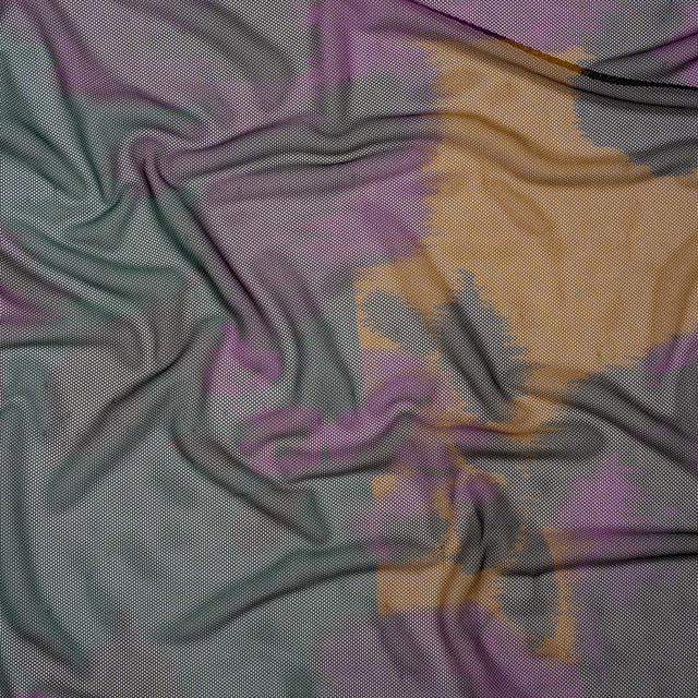 Polyester Stretch Mesh - Dark Green, Purple and Gold Ikat Floral - Designer Deadstock