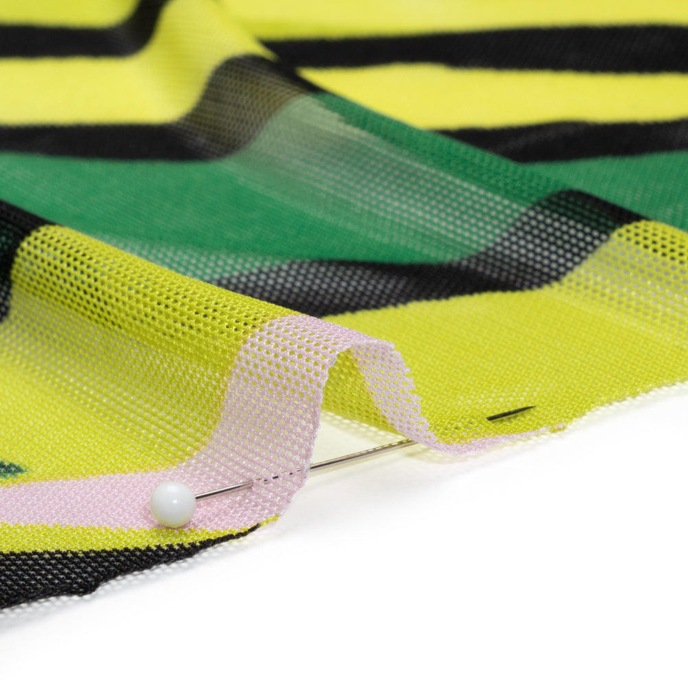 Stretch Polyester Mesh - Green, Pale Pink and Yellow Leaves - Designer Deadstock