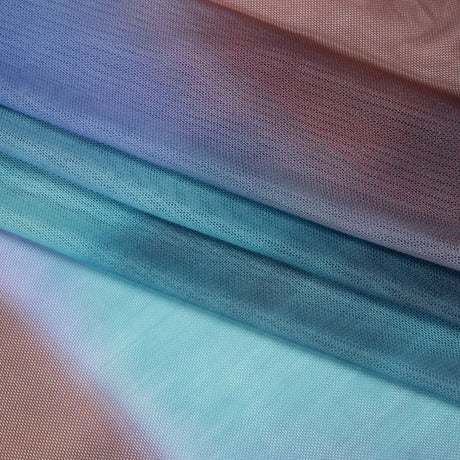 Stretch Polyester Mesh - Aqua Blue, Brown and Green Gradient Stripes - Designer Deadstock