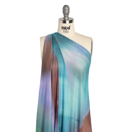 Stretch Polyester Mesh - Aqua Blue, Brown and Green Gradient Stripes - Designer Deadstock