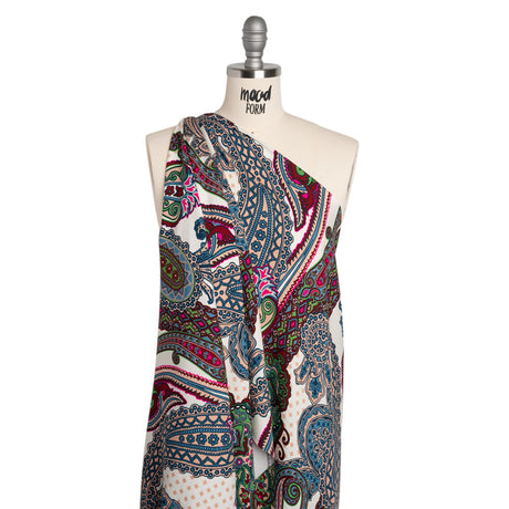 Rayon Twill - Blue, Red and Peachy Beige Paisley - Designer Deadstock