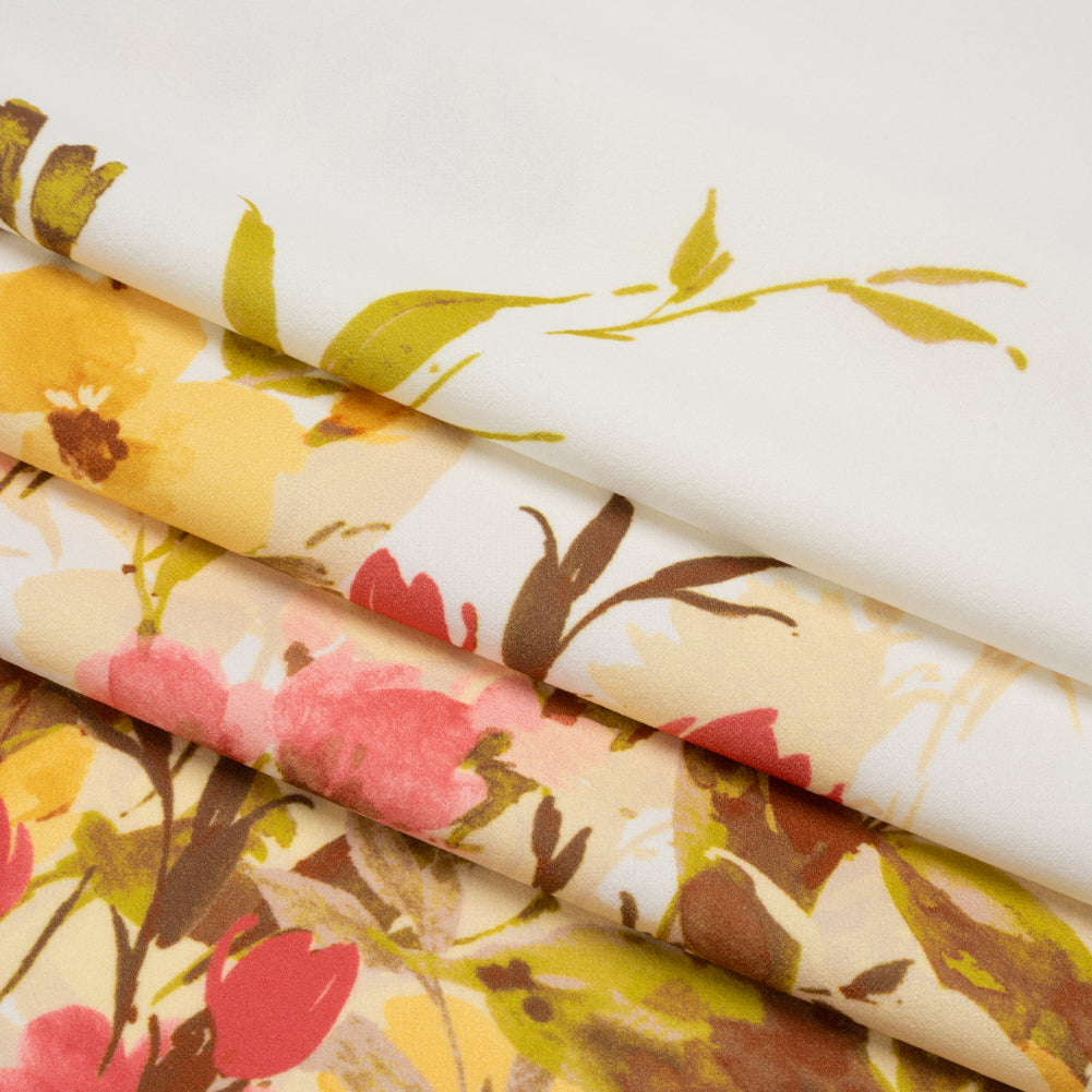 Stretch Polyester Crepe Double Knit - Ivory, Butter Yellow and Rose Pink Floral Border - Designer Deadstock