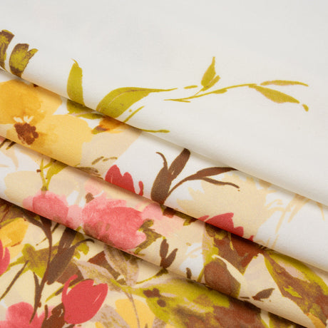 Stretch Polyester Crepe Double Knit - Ivory, Butter Yellow and Rose Pink Floral Border - Designer Deadstock