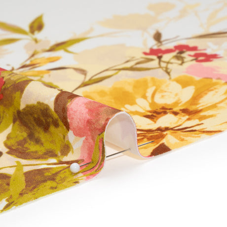 Stretch Polyester Crepe Double Knit - Ivory, Butter Yellow and Rose Pink Floral Border - Designer Deadstock
