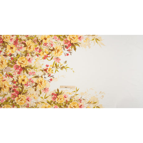 Stretch Polyester Crepe Double Knit - Ivory, Butter Yellow and Rose Pink Floral Border - Designer Deadstock