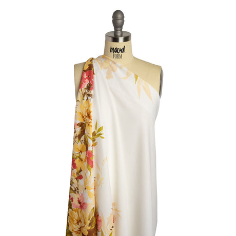 Stretch Polyester Crepe Double Knit - Ivory, Butter Yellow and Rose Pink Floral Border - Designer Deadstock