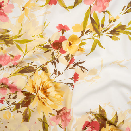 Stretch Polyester Crepe Double Knit - Ivory, Butter Yellow and Rose Pink Floral Border - Designer Deadstock
