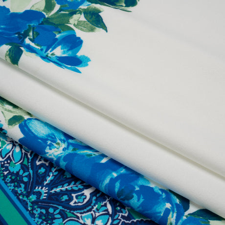 Stretch Polyester Crepe Double Knit Panel - Blue, Green and ivory Floral Border - Designer Deadstock