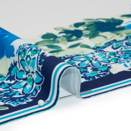 Stretch Polyester Crepe Double Knit Panel - Blue, Green and ivory Floral Border - Designer Deadstock