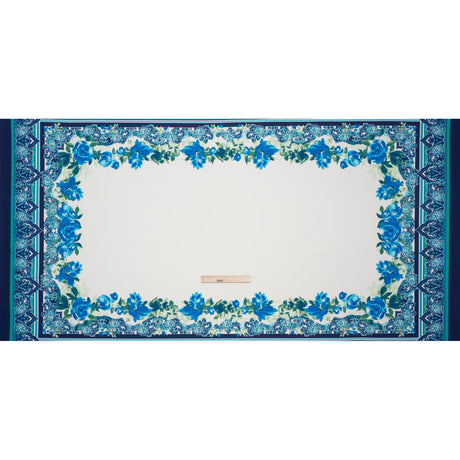Stretch Polyester Crepe Double Knit Panel - Blue, Green and ivory Floral Border - Designer Deadstock