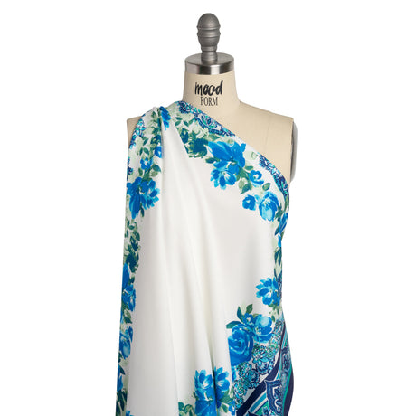 Stretch Polyester Crepe Double Knit Panel - Blue, Green and ivory Floral Border - Designer Deadstock