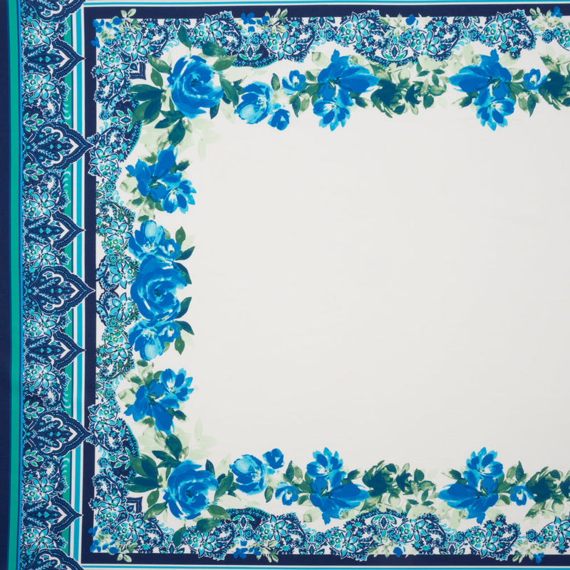 Stretch Polyester Crepe Double Knit Panel - Blue, Green and ivory Floral Border - Designer Deadstock