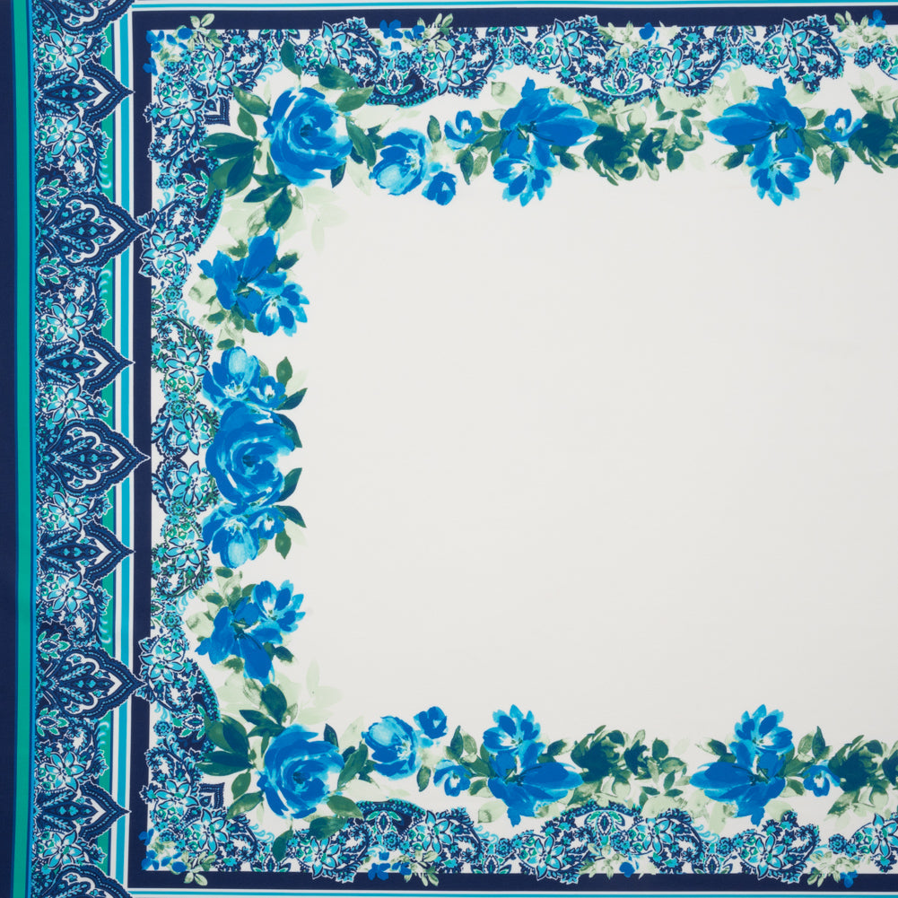 Stretch Polyester Crepe Double Knit Panel - Blue, Green and ivory Floral Border - Designer Deadstock