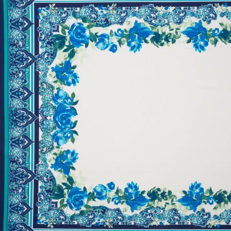 Stretch Polyester Crepe Double Knit Panel - Blue, Green and ivory Floral Border - Designer Deadstock