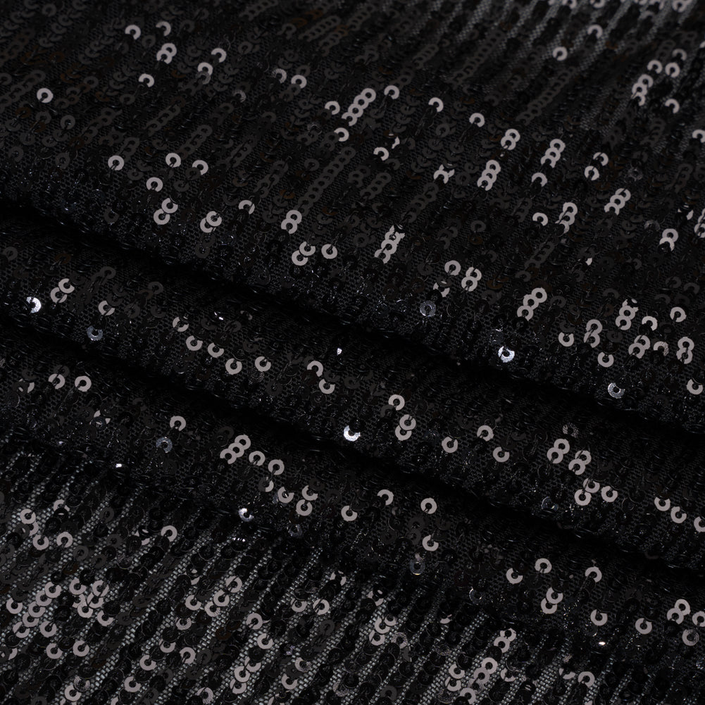 Stretch Mesh with Baby Sequin Rows - Black on Black - Designer Deadstock