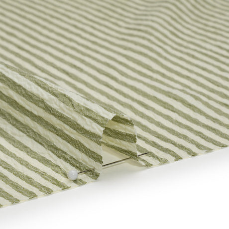 Ruched Polyester and Rayon Woven - Olive Green and Ivory Candy Stripes - Designer Deadstock