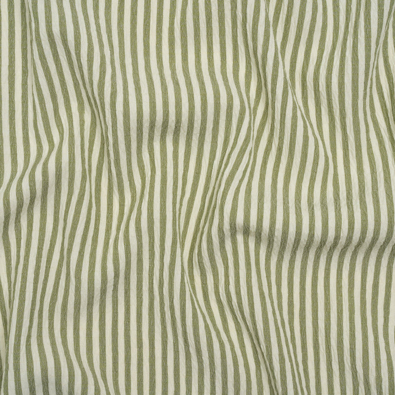 Ruched Polyester and Rayon Woven - Olive Green and Ivory Candy Stripes - Designer Deadstock