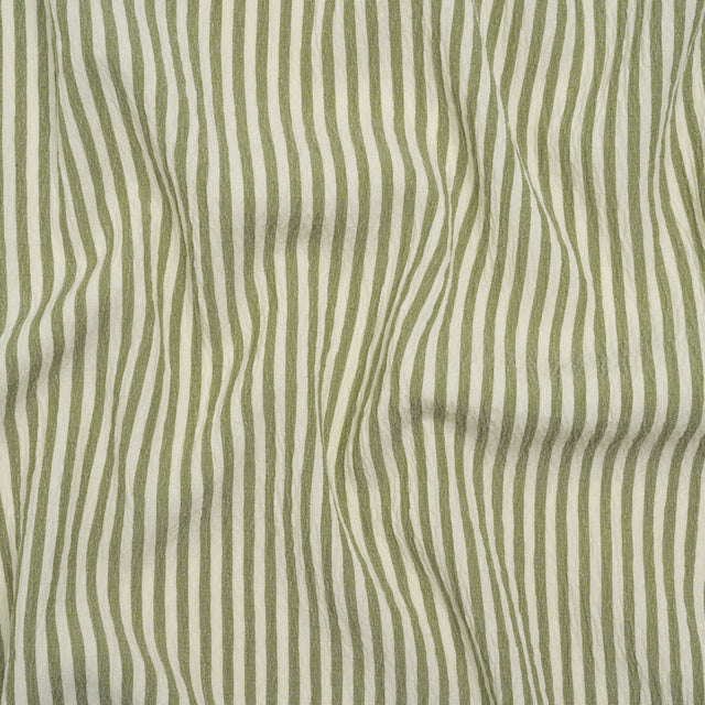 Ruched Polyester and Rayon Woven - Olive Green and Ivory Candy Stripes - Designer Deadstock