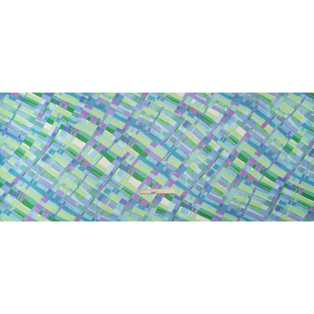 Crinkled Polyester Chiffon Print - Blue, Lime Green and Purple Painted Plaid - Designer Deadstock