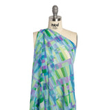 Crinkled Polyester Chiffon Print - Blue, Lime Green and Purple Painted Plaid - Designer Deadstock
