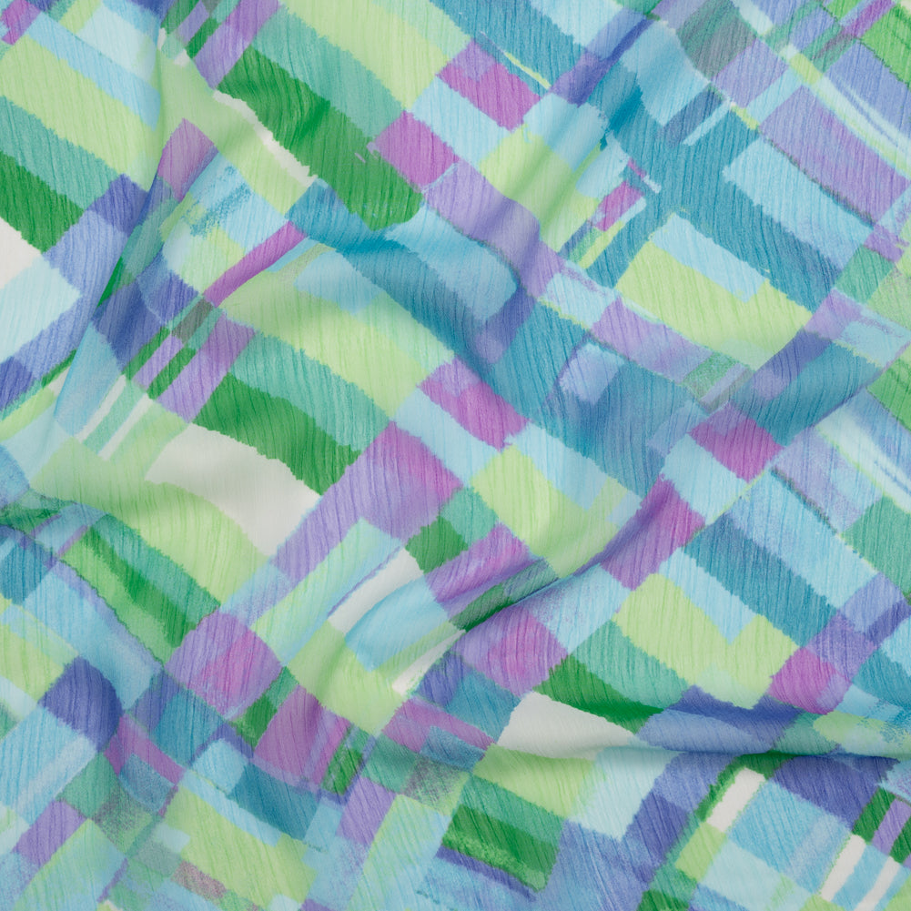 Crinkled Polyester Chiffon Print - Blue, Lime Green and Purple Painted Plaid - Designer Deadstock