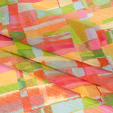 Crinkled Polyester Chiffon Print - Yellow, Lime Green and Pink Painted Plaid - Designer Deadstock